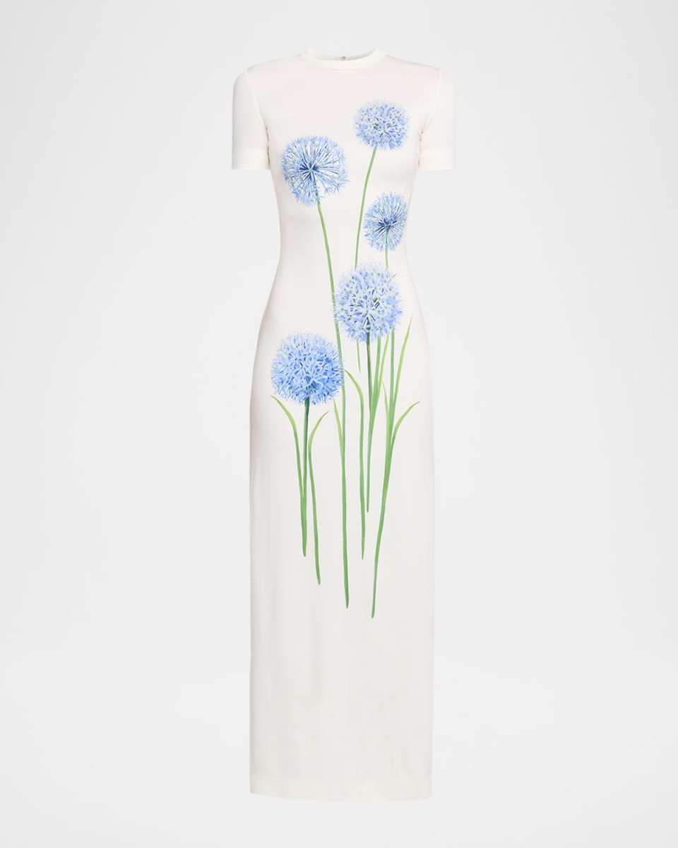 Short-Sleeve Allium Print Jersey Maxi Dress